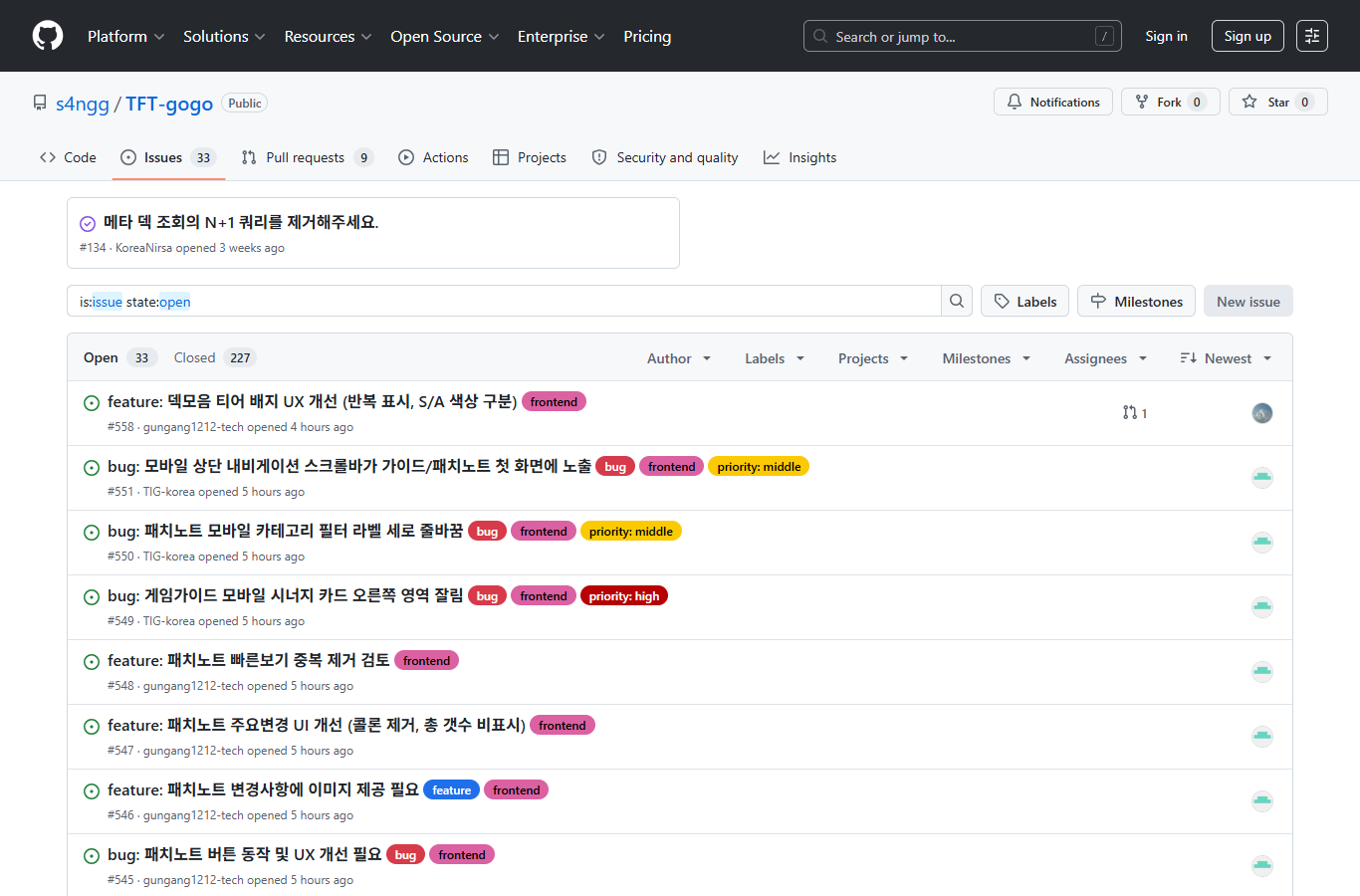 TFTgogo GitHub Issues list screenshot
